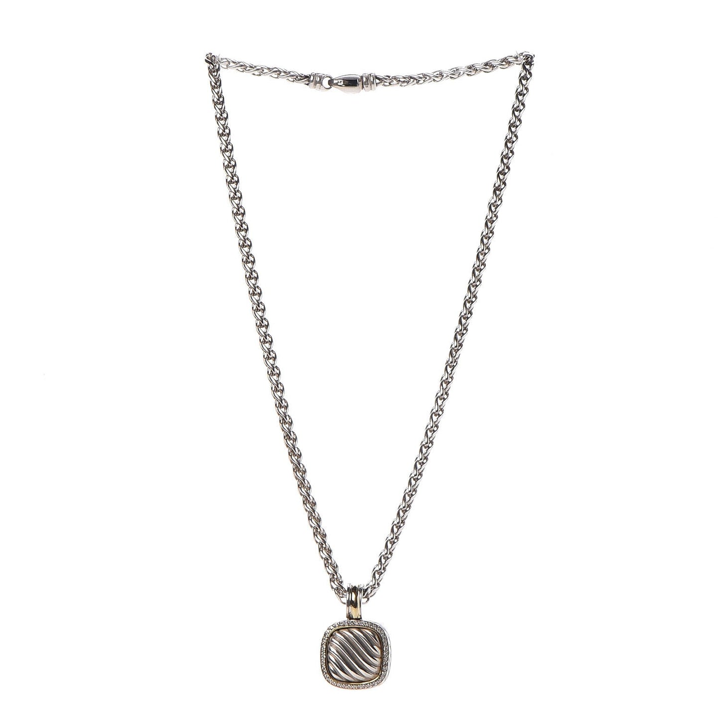 Sterling Silver 18K Yellow Gold Diamond 16mm Sculpted Cable Pendant Necklace