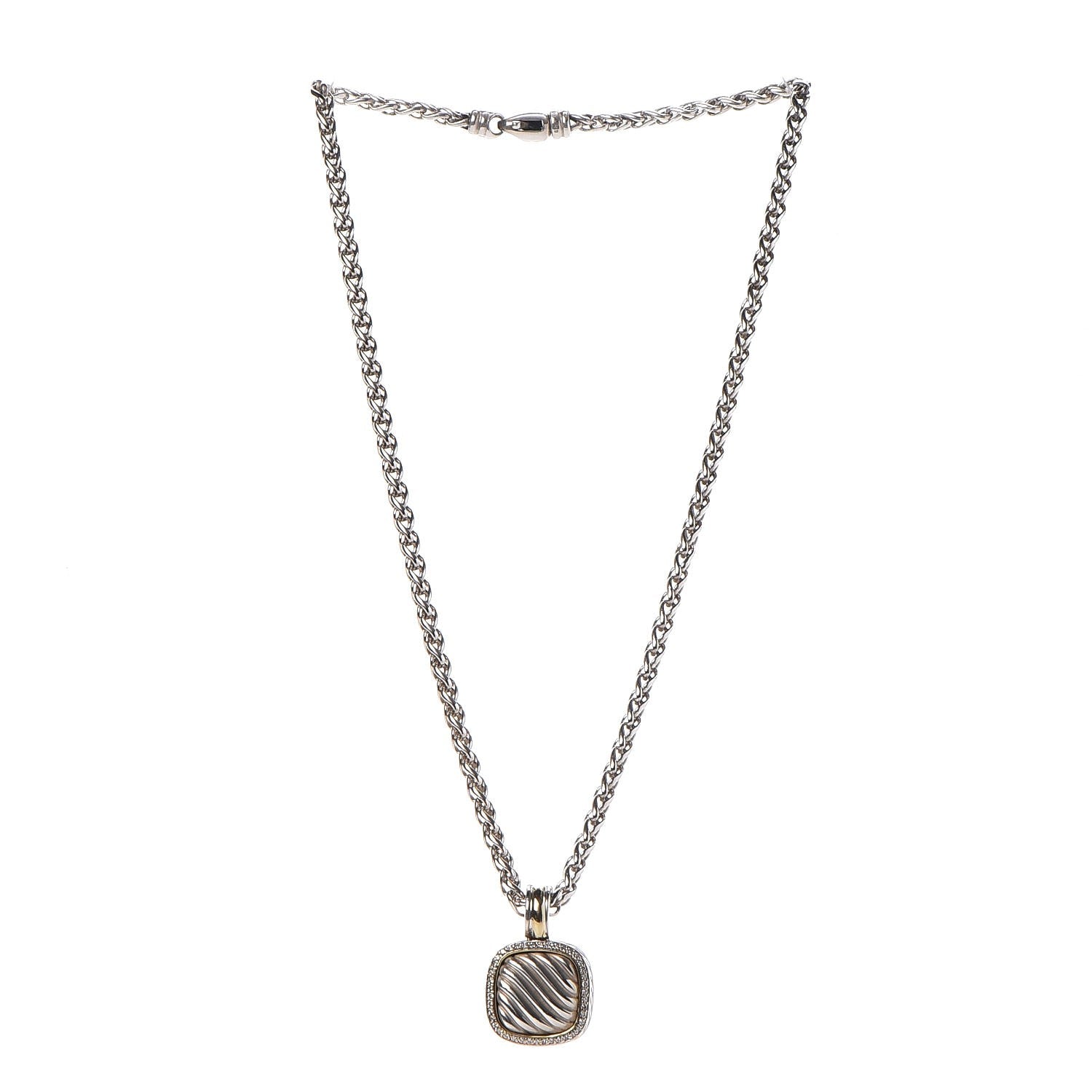 David Yurman Sterling Silver 18K Yellow Gold Diamond 16mm Sculpted Cable Pendant Necklace 3 of 7