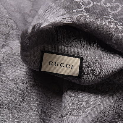 Gucci Wool Silk Monogram GGWeb Fringe Shawl Pearl Medium Grey 4 of 4