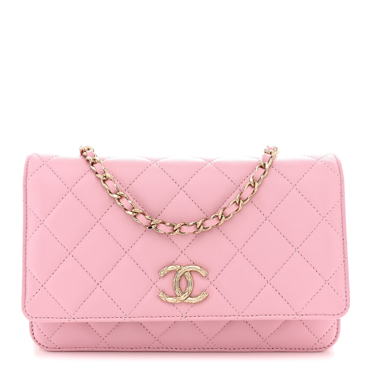 Caviar Quilted Textured CC Wallet on Chain WOC Light Pink