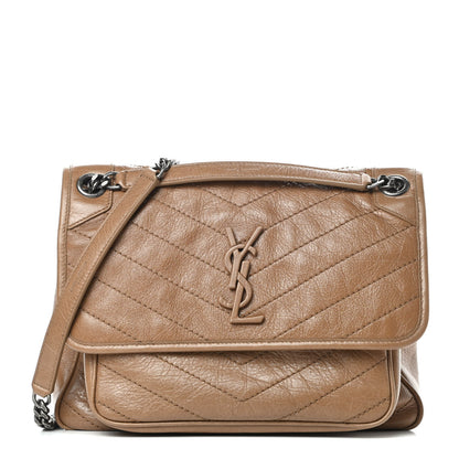 Saint Laurent Crinkled Calfskin Matelasse Monogram Medium Niki Chain Satchel Natural Tan 1 of 12