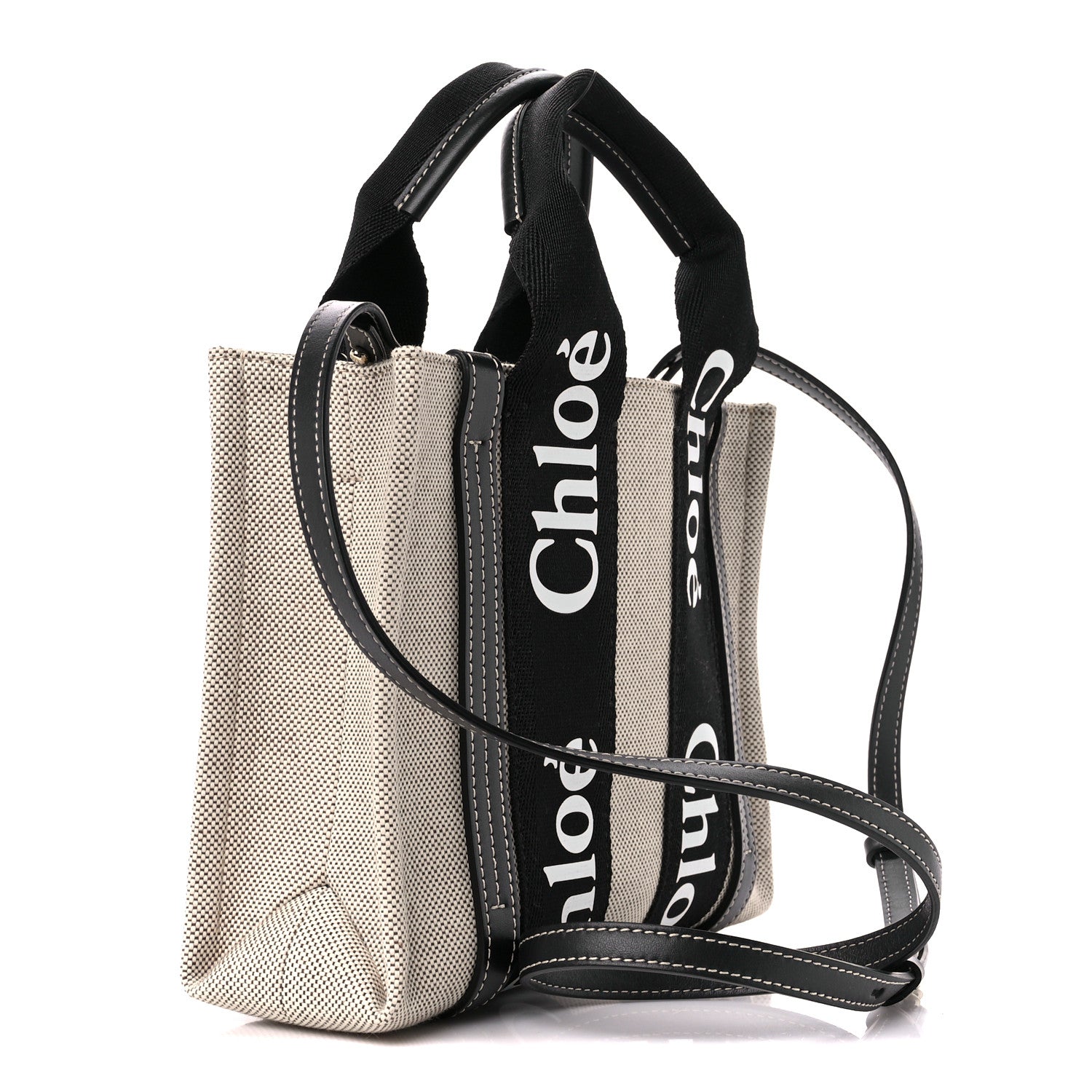 Chloe Cotton Calfskin Small Woody Ribbon Tote With Strap Black Blue 3 of 12