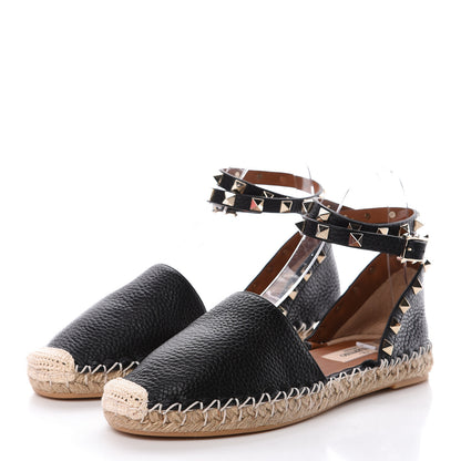 Valentino Garavani Grained Calfskin Rockstud Ankle Wrap Espadrille 20mm Flats 36 Black Light Cuir Natural 3 of 8