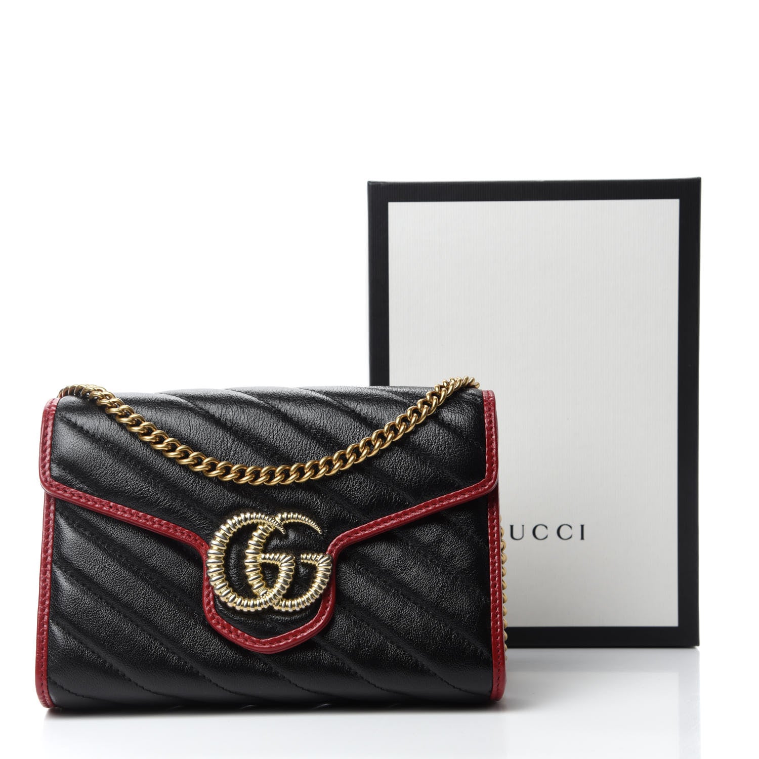 Gucci Vintage Effect Calfskin Matelasse Diagonal Torchon GG Marmont Chain Wallet Black Romantic Cherry 11 of 11