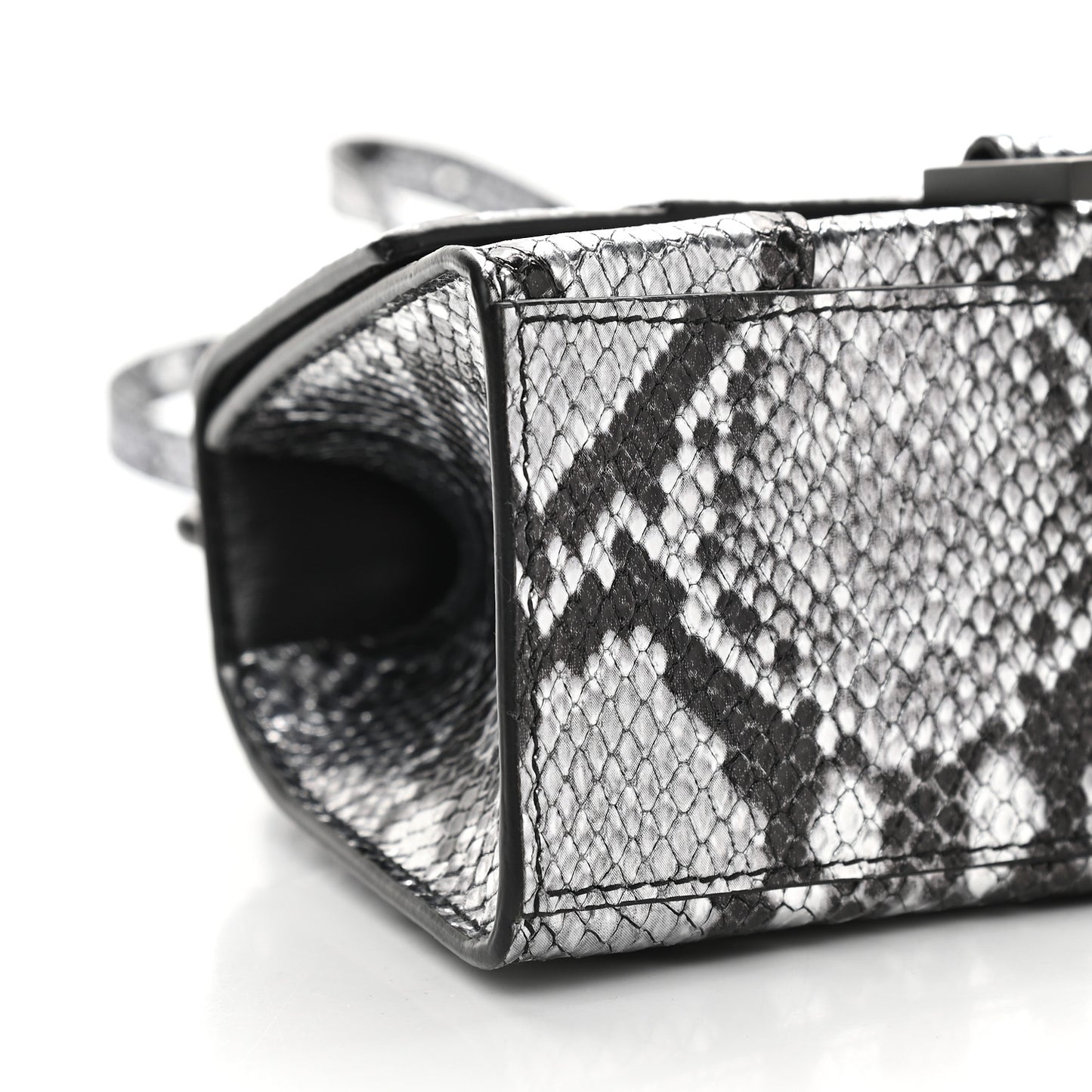 Shiny Calfskin Snakeskin Embossed Hourglass Top Handle Bag XS Silver Black