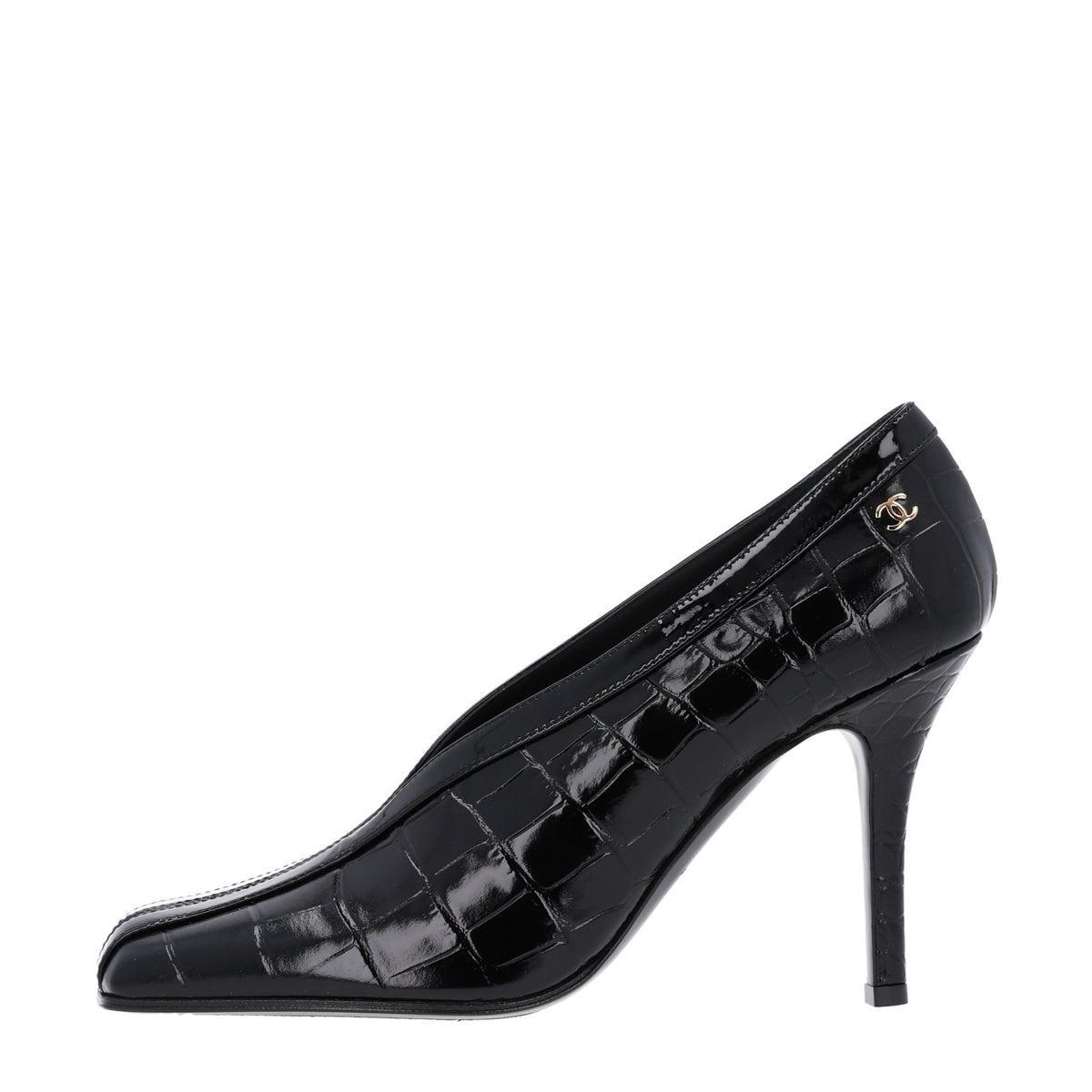 Chanel Crocodile Embossed Patent Calfskin Pumps 37.5 Black 1 of 11