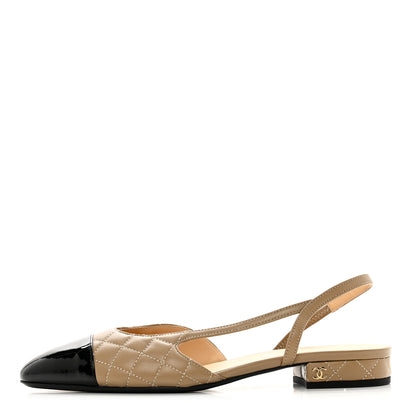 Chanel Lambskin Patent Cap Toe CC Slingback Flats 38.5 Beige Black 1 of 9