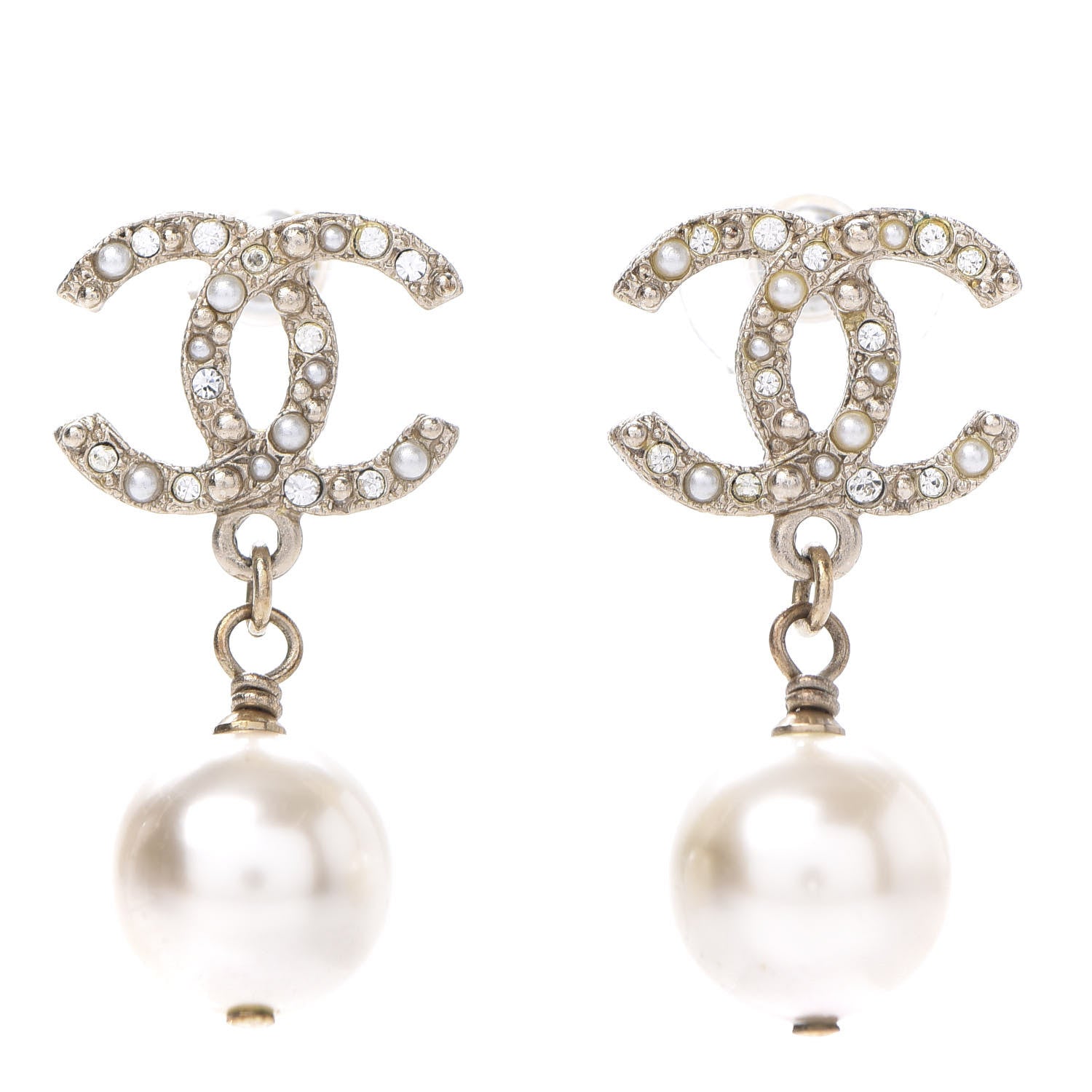 Chanel Crystal Pearl CC Drop Earrings Gold 1 of 3