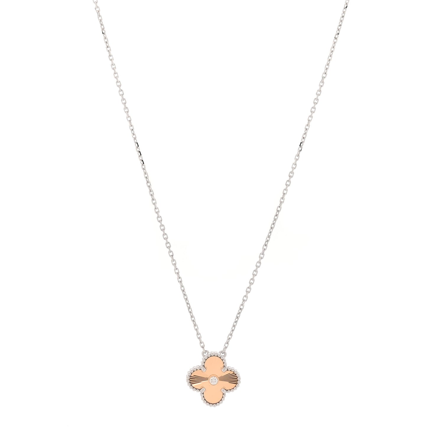 18K White Rose Gold Diamond Guilloche Vintage Alhambra Pendant Necklace