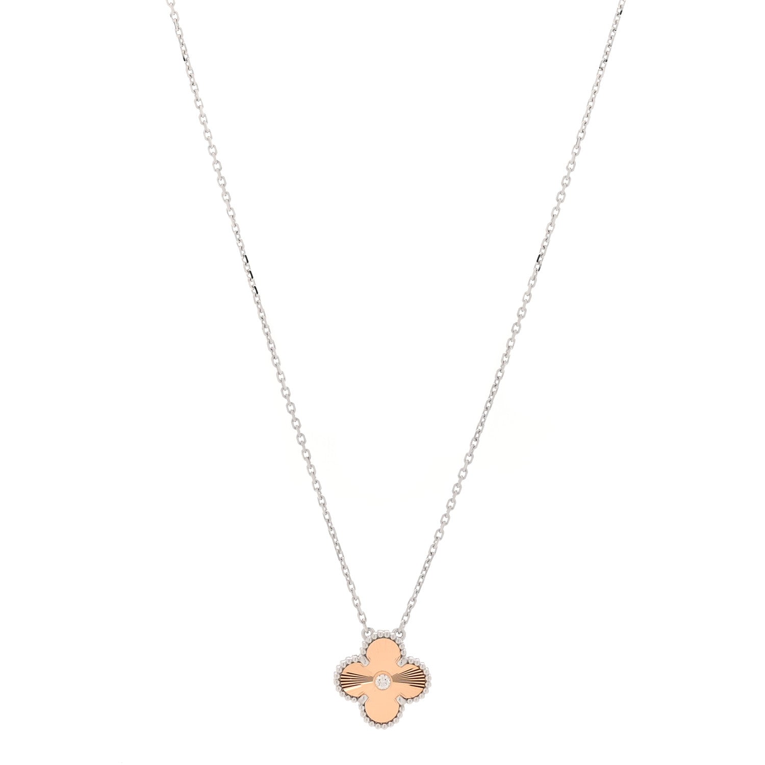 Van Cleef & Arpels 18K White Rose Gold Diamond Guilloche Vintage Alhambra Pendant Necklace 1 of 7