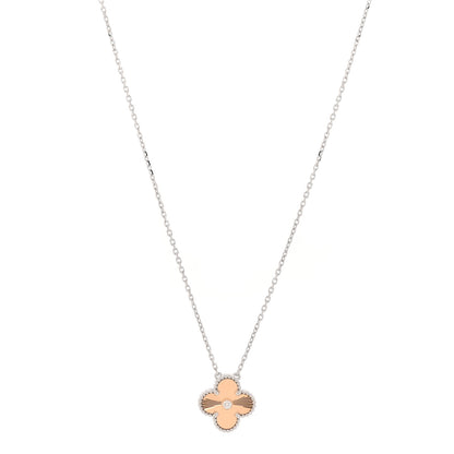 Van Cleef & Arpels 18K White Rose Gold Diamond Guilloche Vintage Alhambra Pendant Necklace 1 of 7
