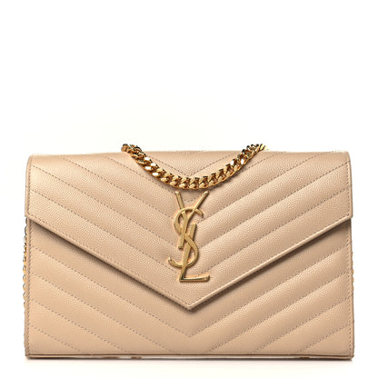 Saint Laurent Grain De Poudre Matelasse Chevron Monogram Chain Wallet Dark Beige 1 of 10