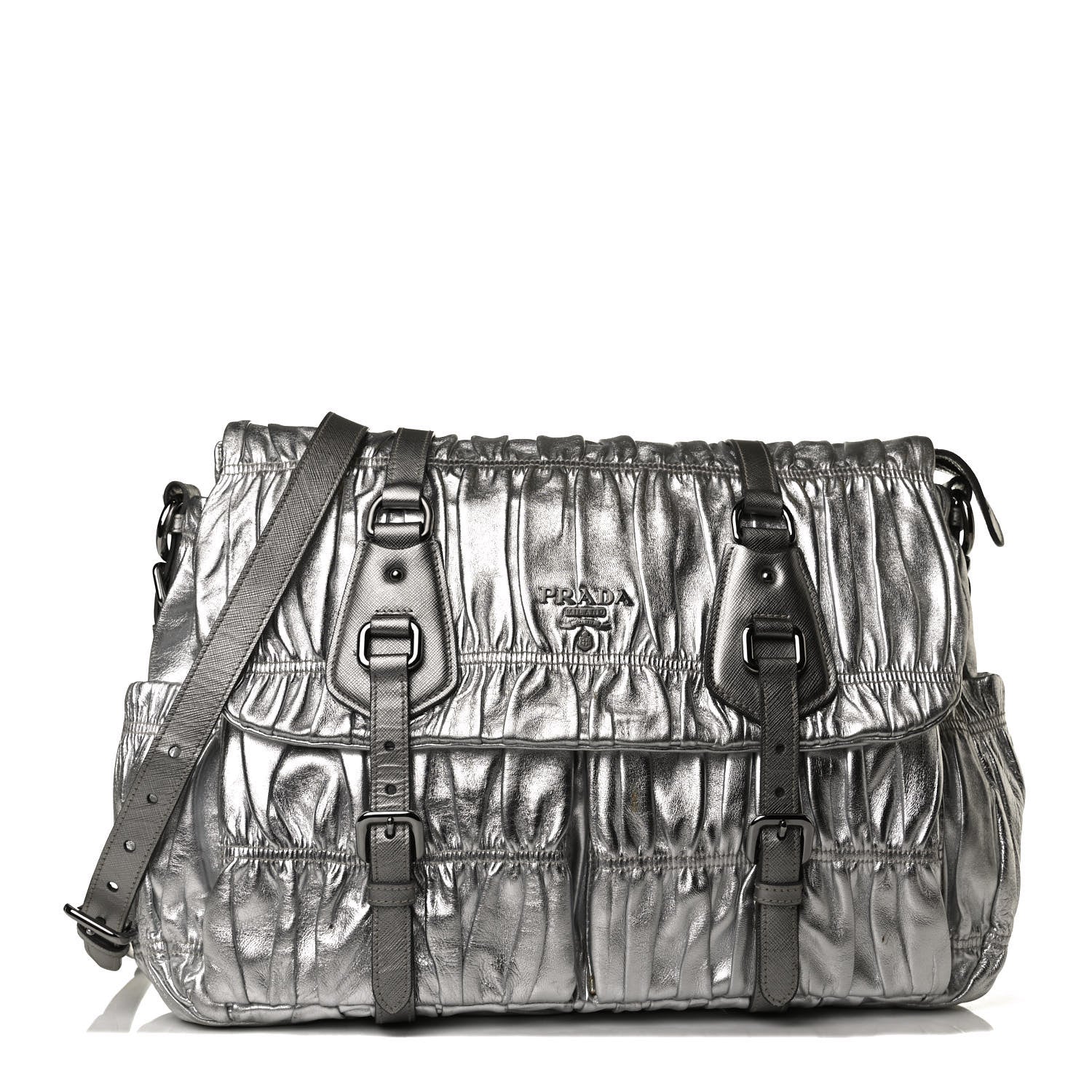 Prada Metallic Nappa Gaufre Messenger Tote Silver 1 of 14