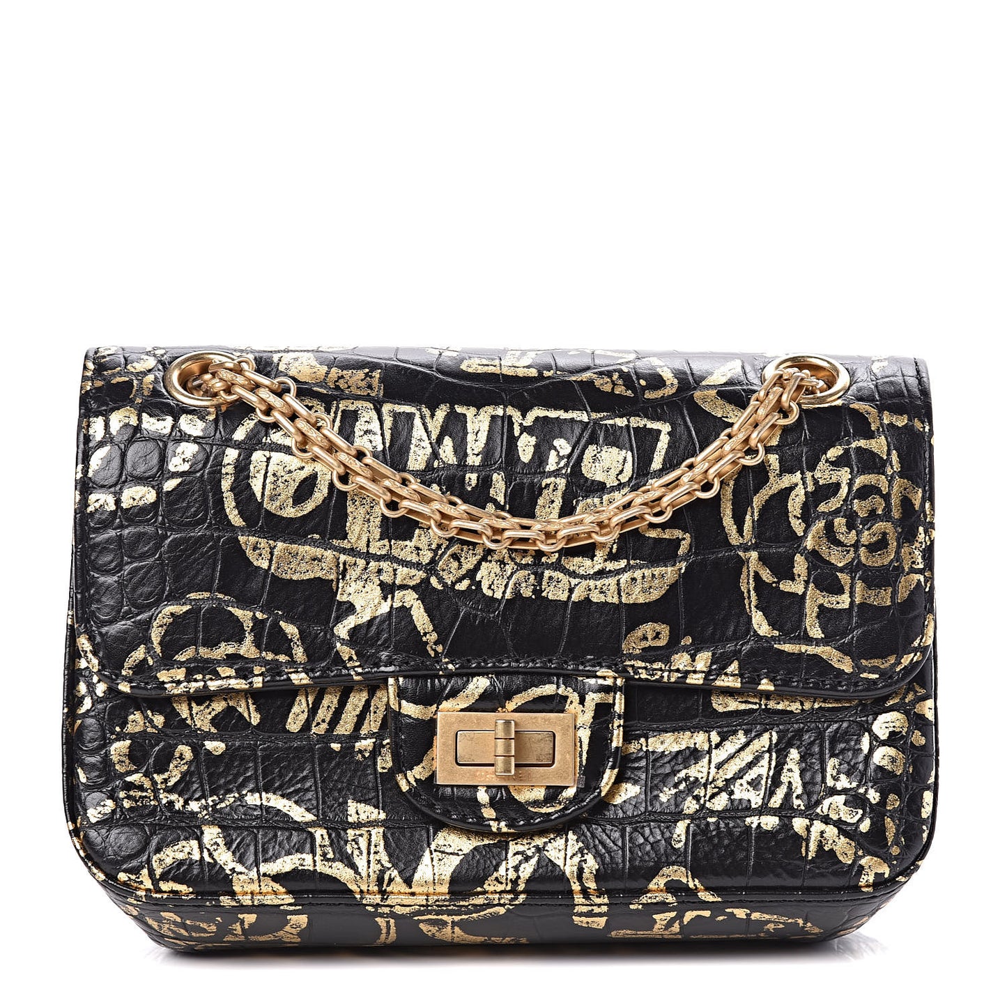 Calfskin Crocodile Embossed Graffiti 2.55 Mini Cocodile Reissue Flap Black Gold