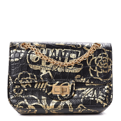 Chanel Calfskin Crocodile Embossed Graffiti 2.55 Mini Cocodile Reissue Flap Black Gold 1 of 11