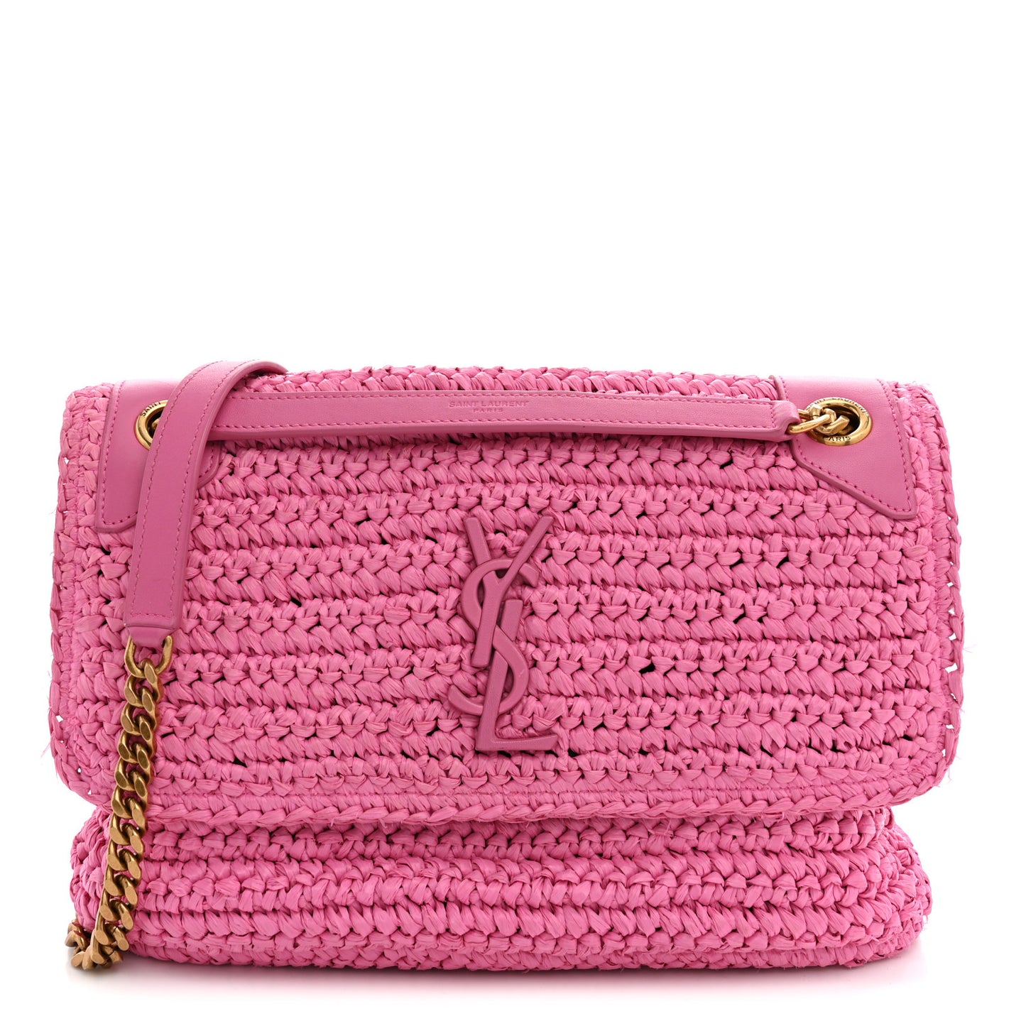 Raffia Calfskin Monogram Medium Niki Chain Satchel Bright Pink