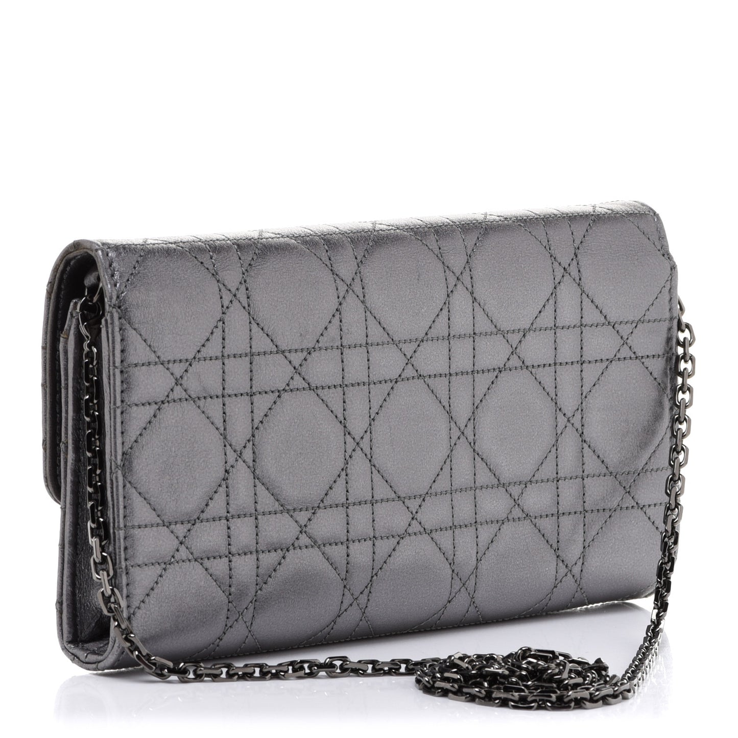 Metallic Lambskin Cannage Miss Dior Chain Wallet Silver