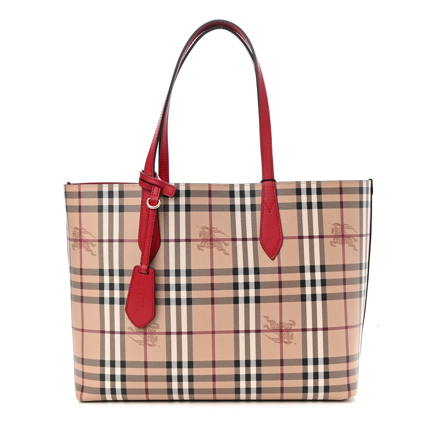 Grainy Calfskin Haymarket Check Small Reversible Tote Red