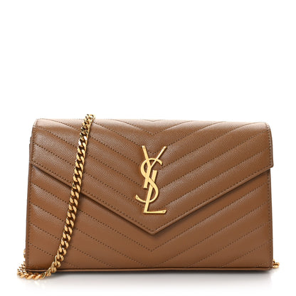 Saint Laurent Grain De Poudre Matelasse Monogram Chain Wallet Dark Natural 1 of 8