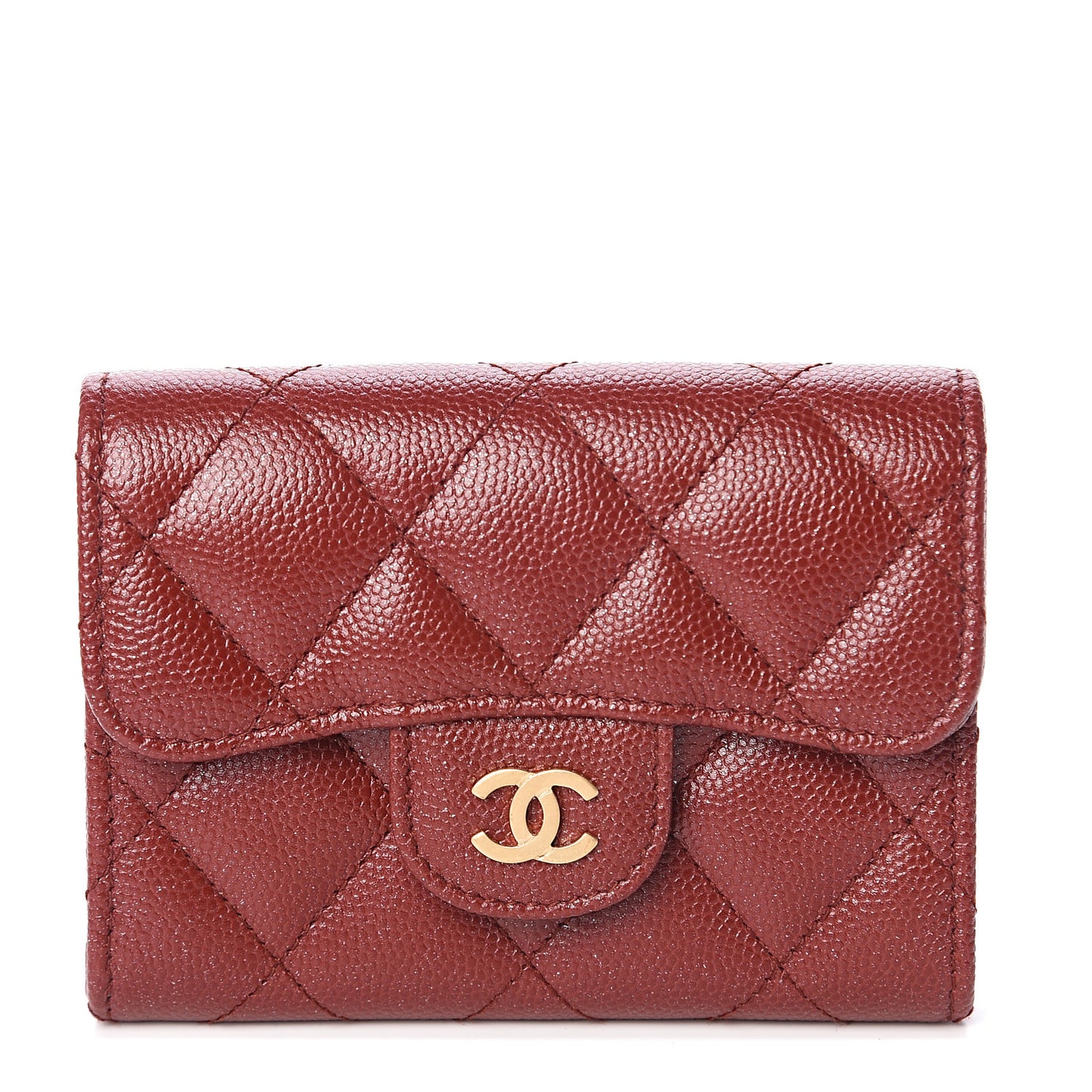 Iridescent Caviar Quilted Flap Card Holder Wallet Burgundy