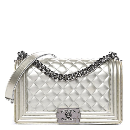 Chanel Metallic Patent Calfskin Quilted Medium Boy Flap Silver 1 of 14