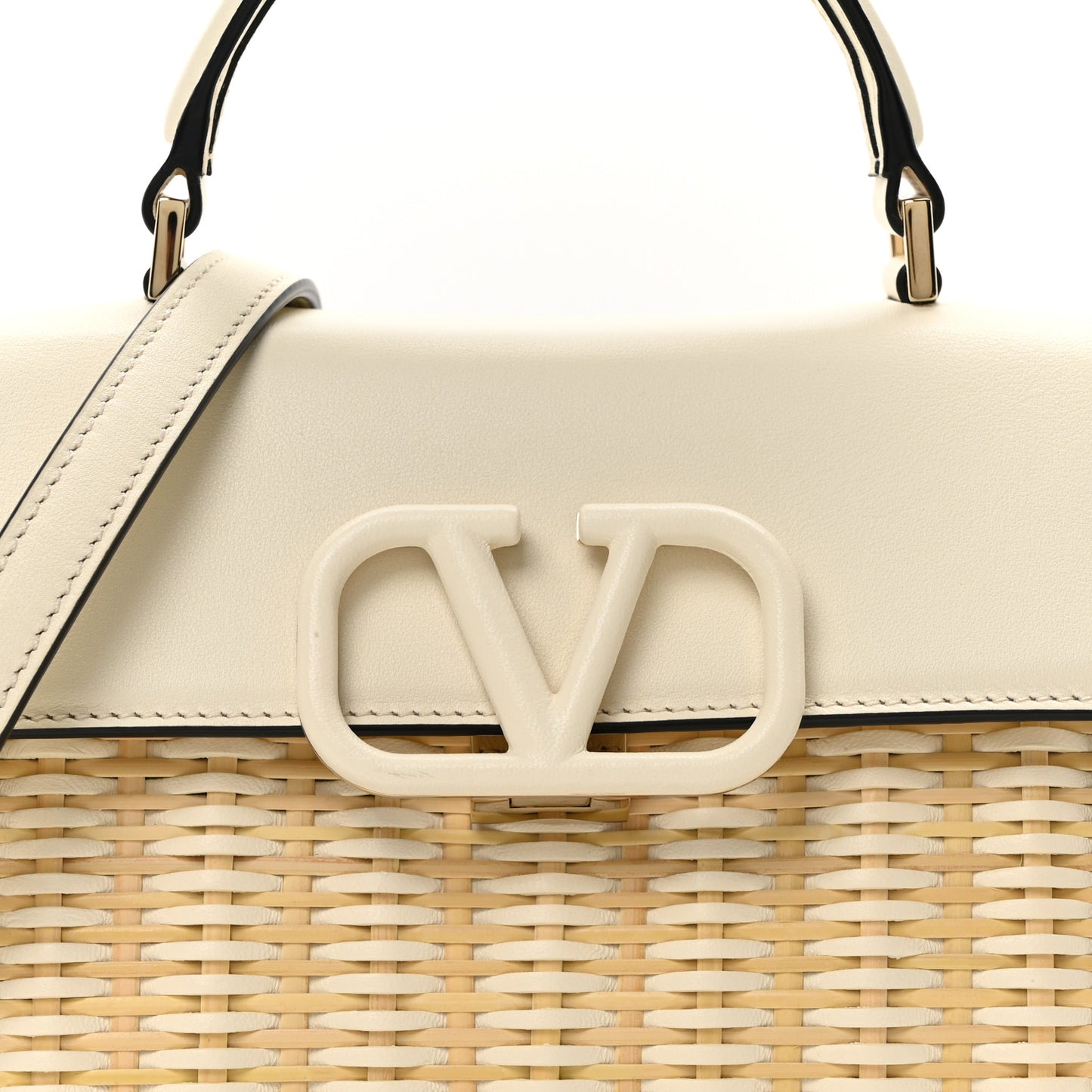 Wicker Calfskin Small VSling Top Handle Bag Natural White