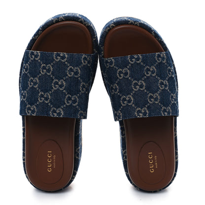 Gucci New Denim GG Monogram Angelina Platform 55mm Slide Sandals 37 Blue Tea 2 of 10