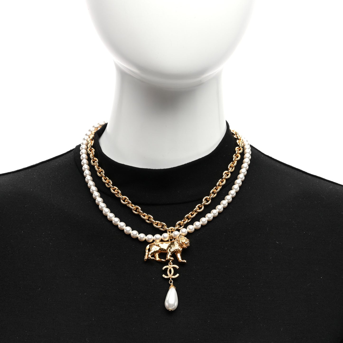 Metal CC Pearl Lion Necklace Gold
