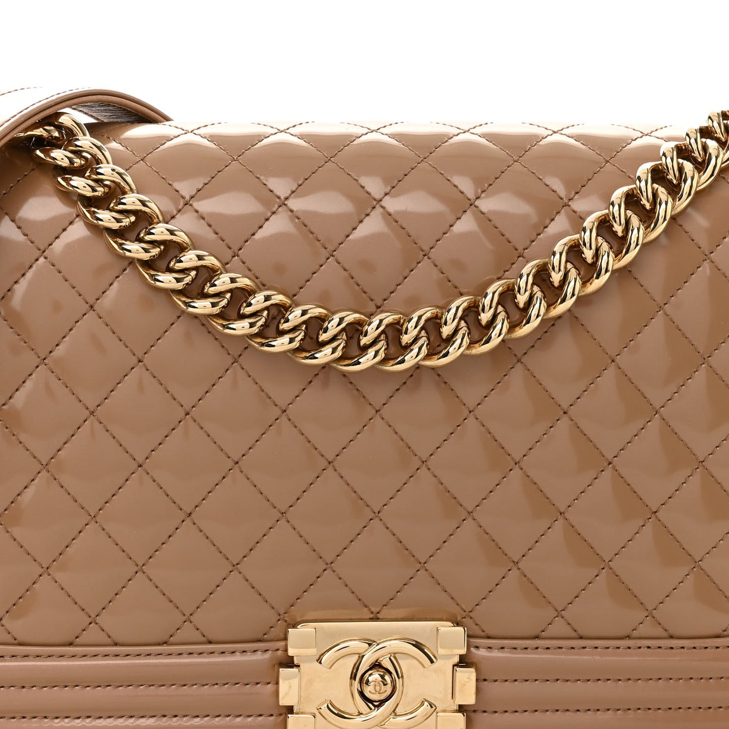 Iridescent Glazed Calfskin Quilted New Medium Boy Flap Dark Beige
