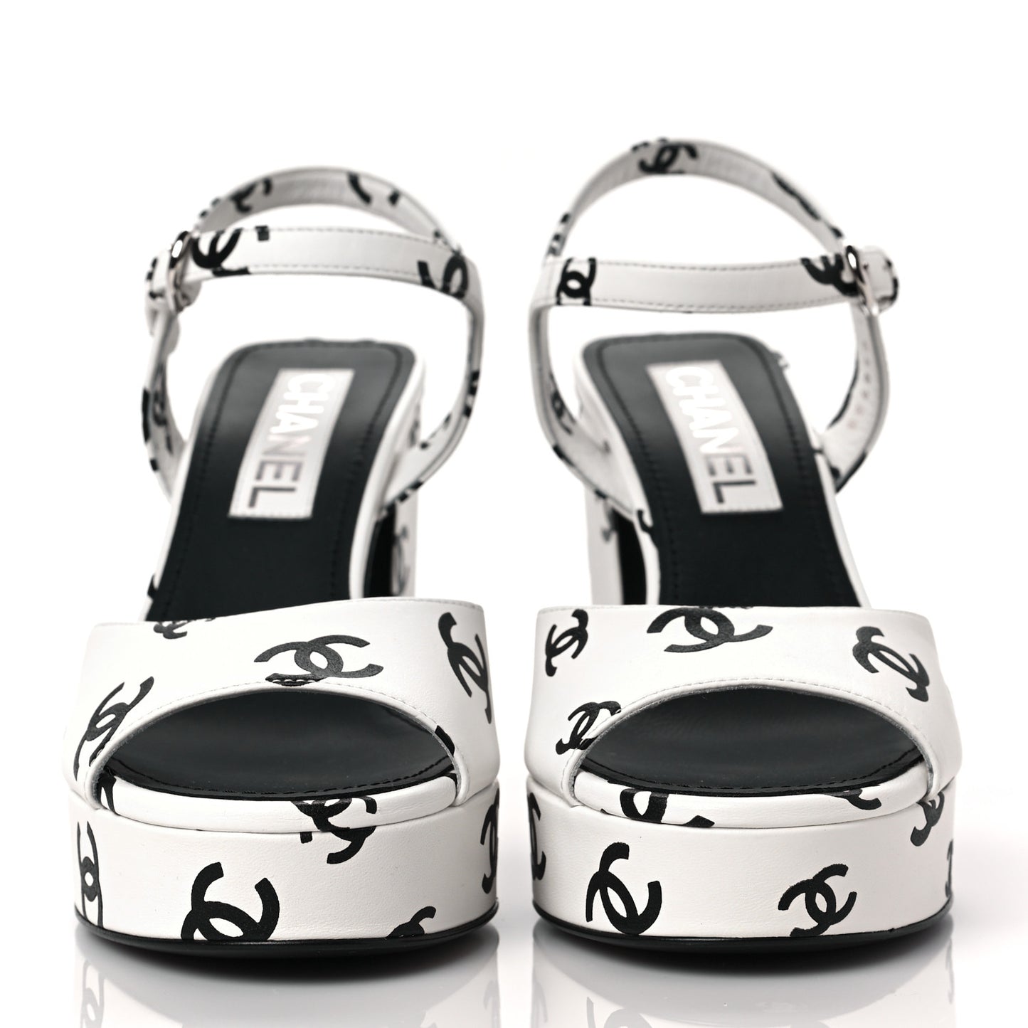 Printed Lambskin CC Platform Sandals 37 White Black