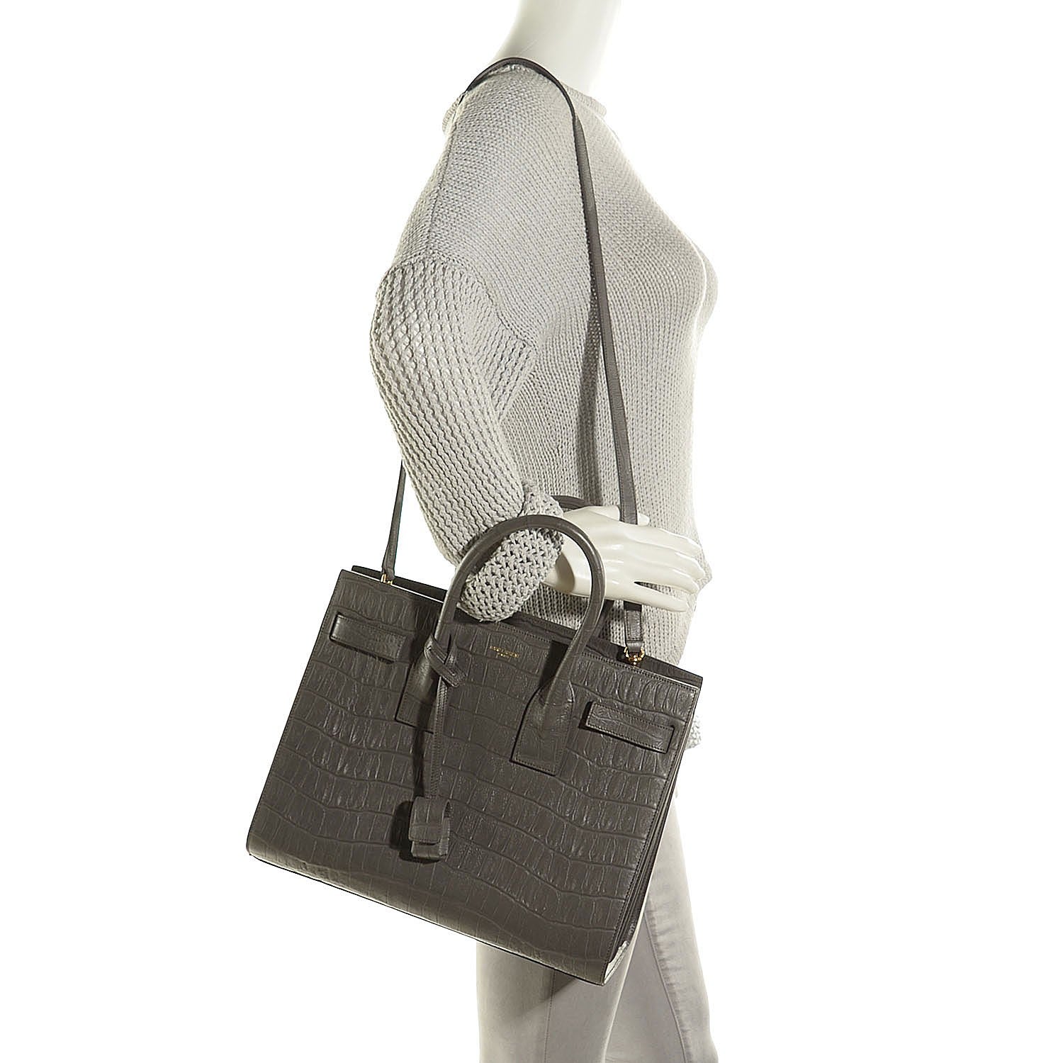 Saint Laurent Calfskin Crocodile Embossed Small Sac De Jour Fog 2 of 9