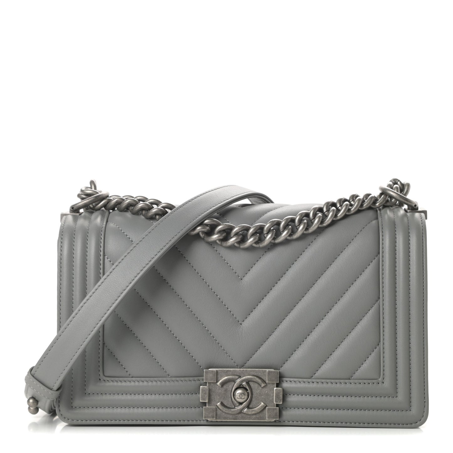 Calfskin Chevron Quilted Medium Boy Flap Grey