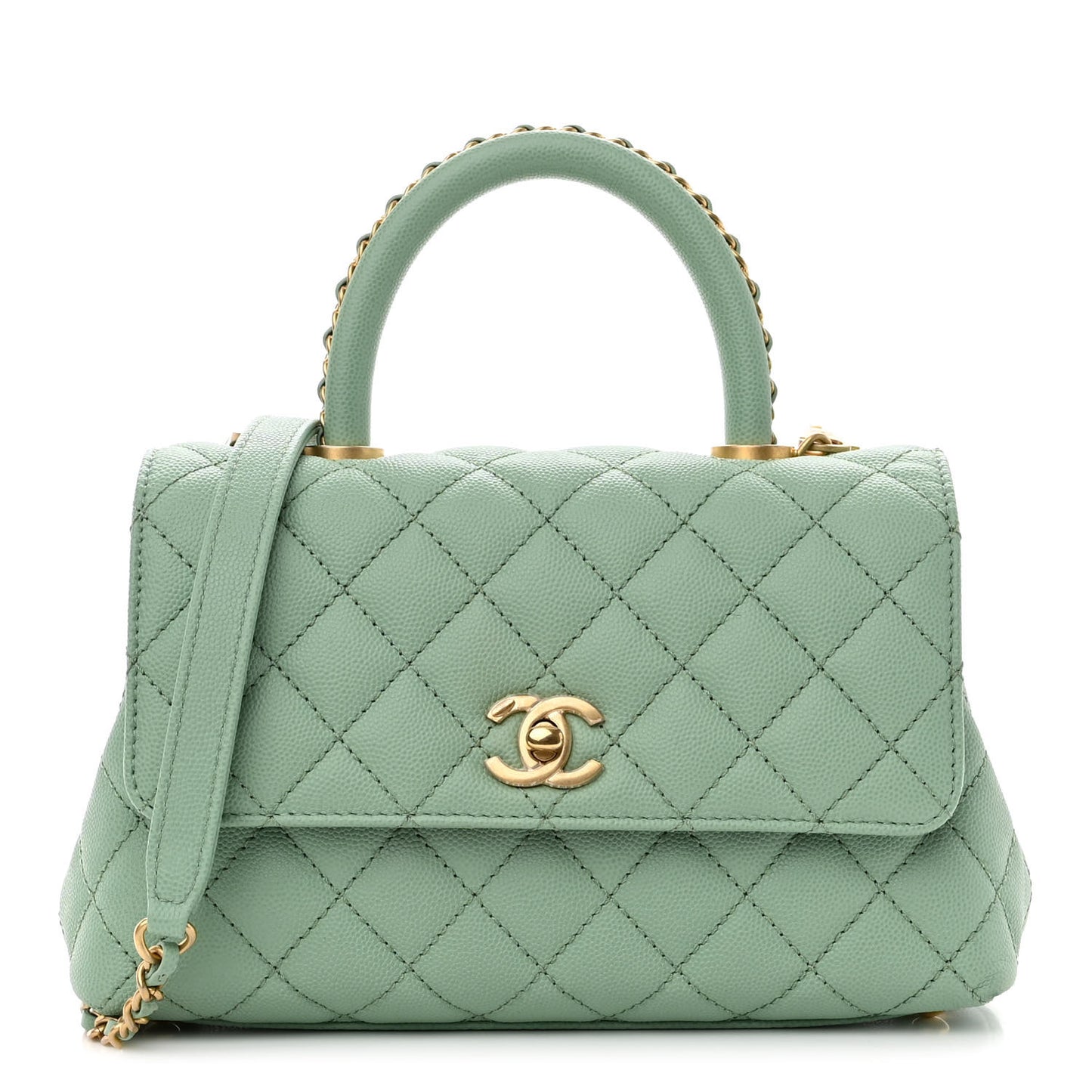 Caviar Quilted Mini Coco Chain Handle Flap Light Green