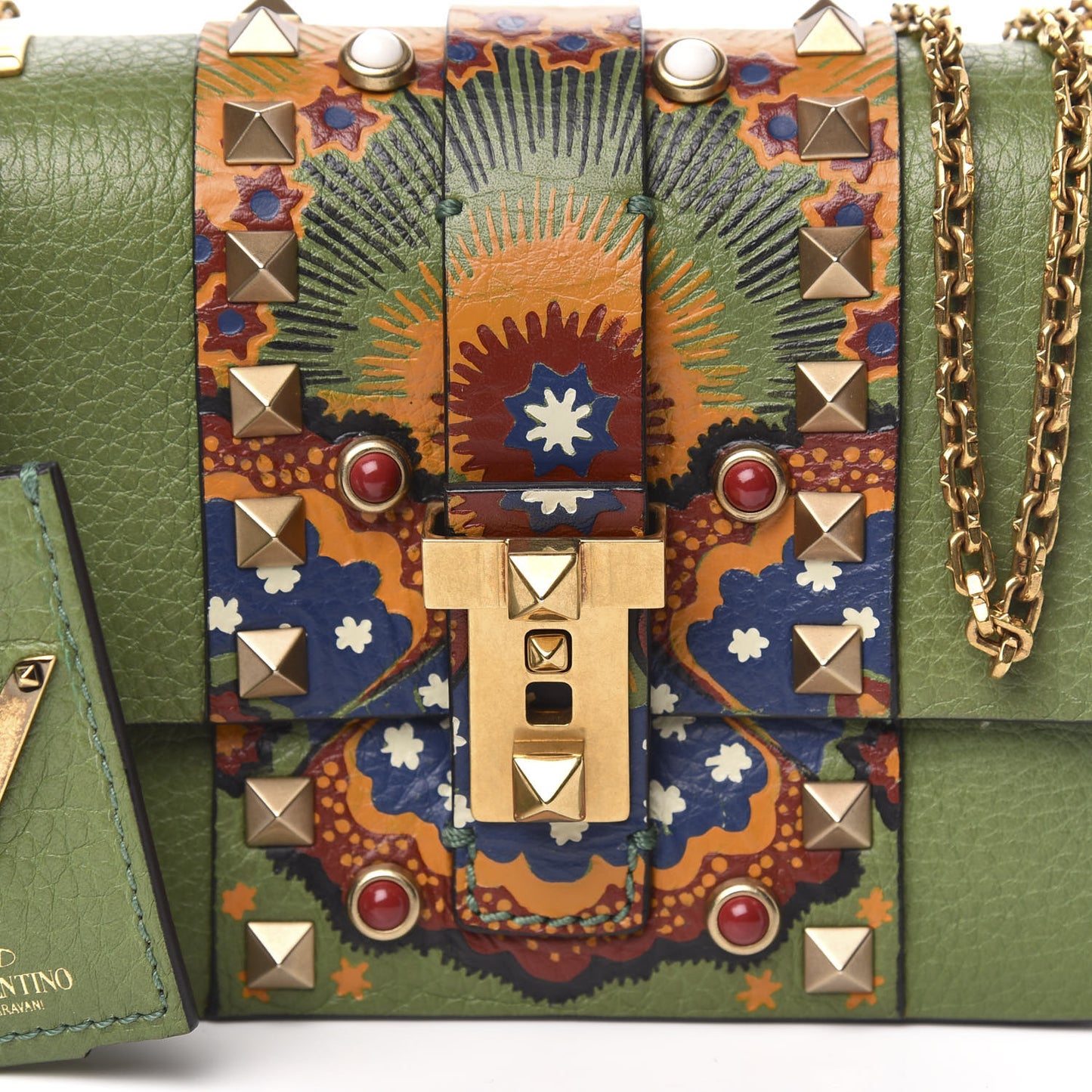 Grained Calfskin Enchanted Wonderland B-Rockstud Rolling Flap Deep Clover