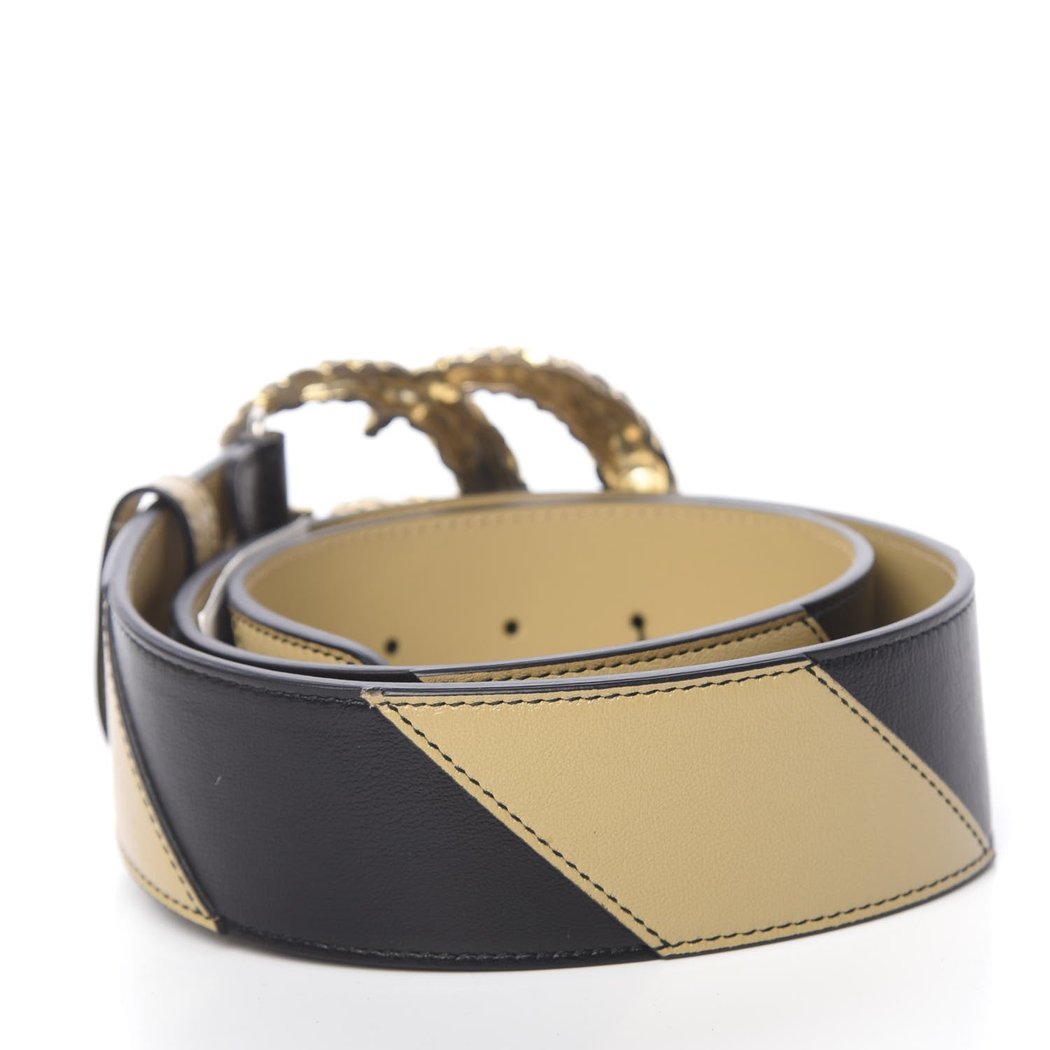 Gucci Calfskin Striped Textured Double G 50mm Belt 90 36 Black Beige 2 of 5