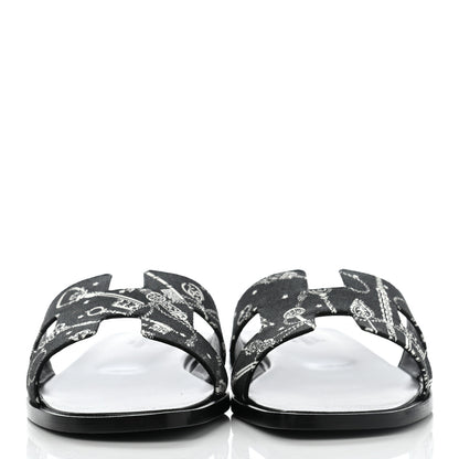 Hermes Cotton Canvas Printed Les Cles Bandana Oran Sandals 37 Black 2 of 9
