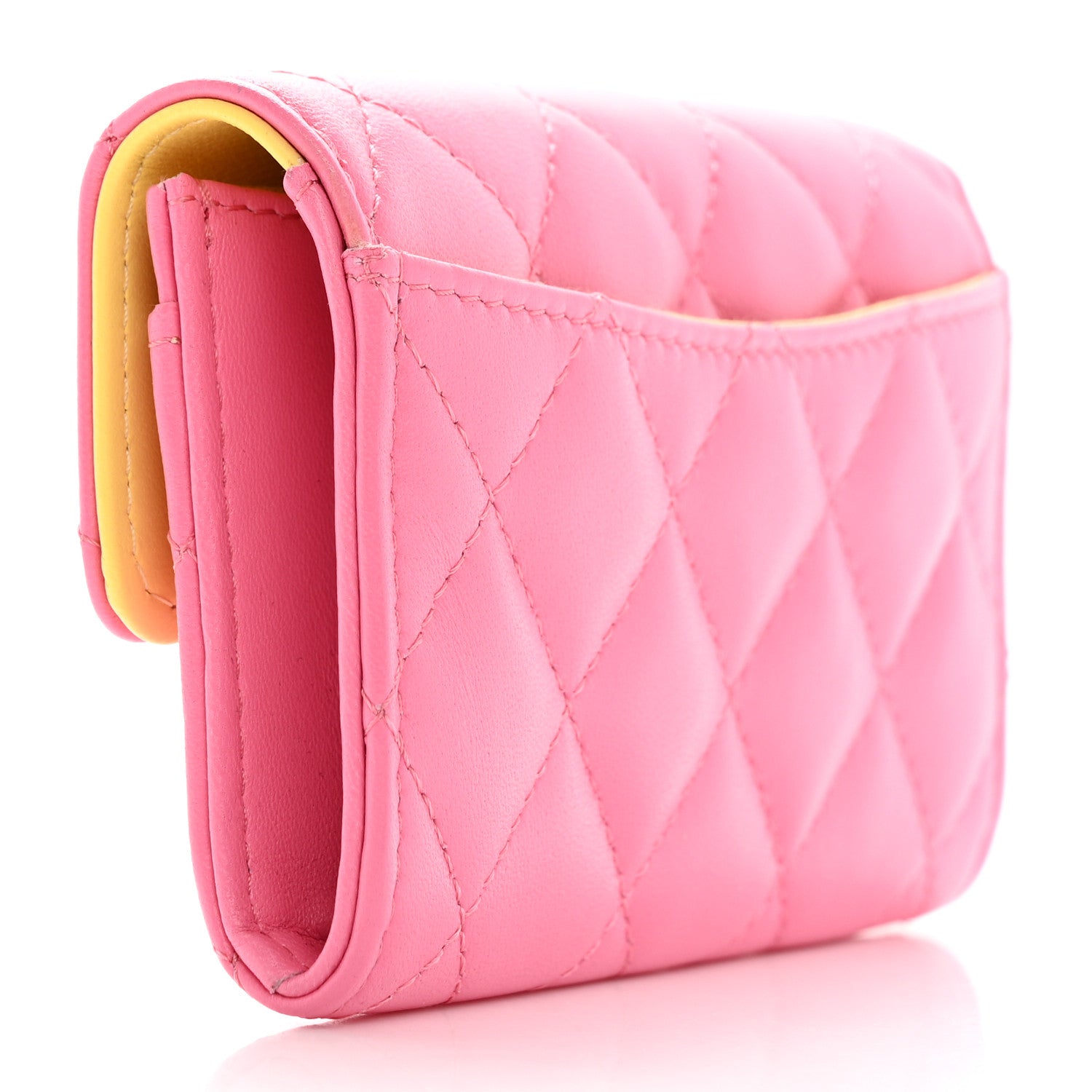 Chanel Lambskin Quilted Flap Card Holder Wallet Pink Yellow 3 of 12