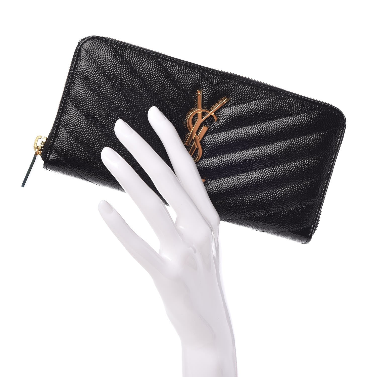 Saint Laurent Grain De Poudre Matelasse Chevron Monogram Zip Around Wallet Black 2 of 7
