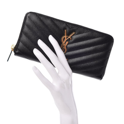 Saint Laurent Grain De Poudre Matelasse Chevron Monogram Zip Around Wallet Black 2 of 7