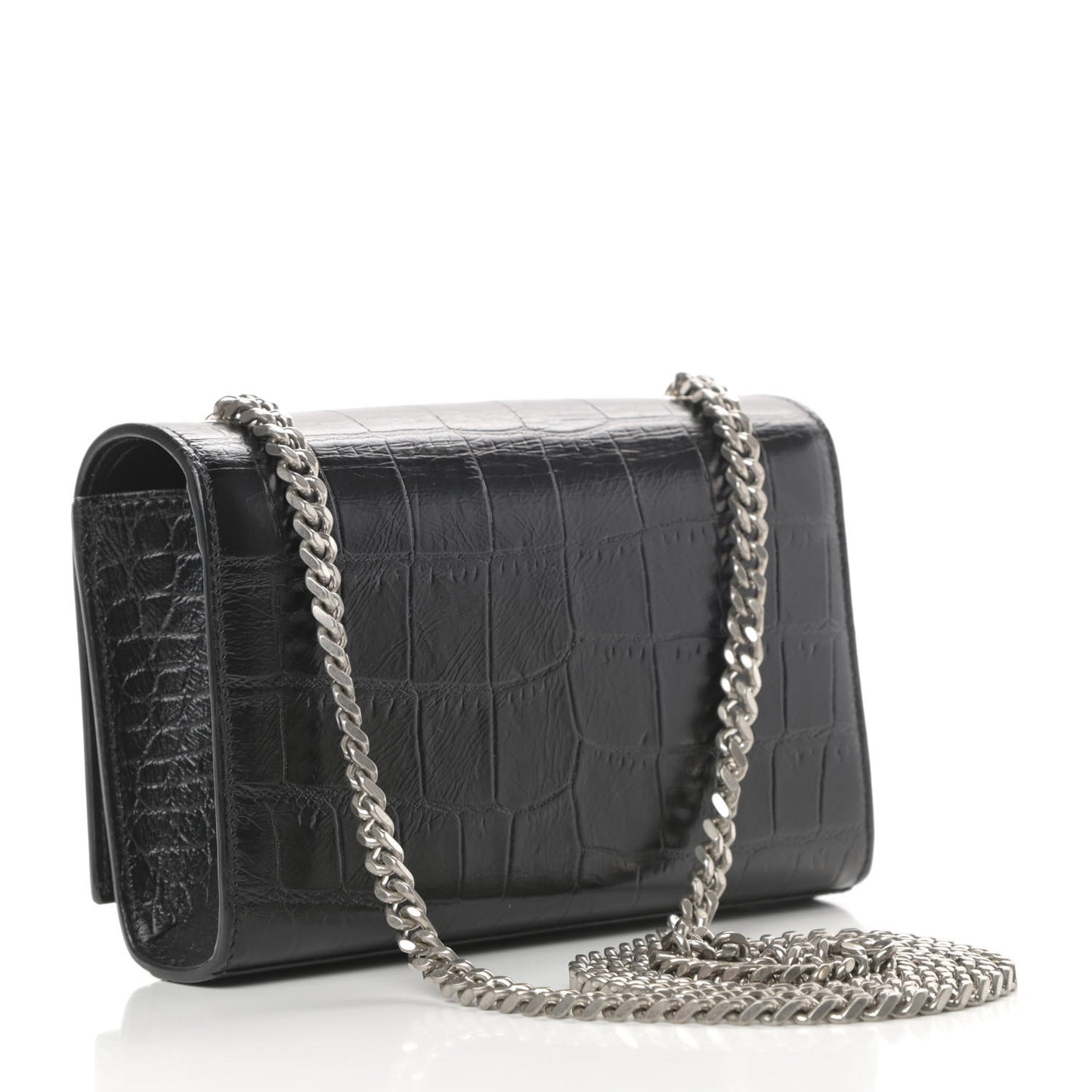 Calfskin Crocodile Embossed Small Classic Monogram Tassel Satchel Black