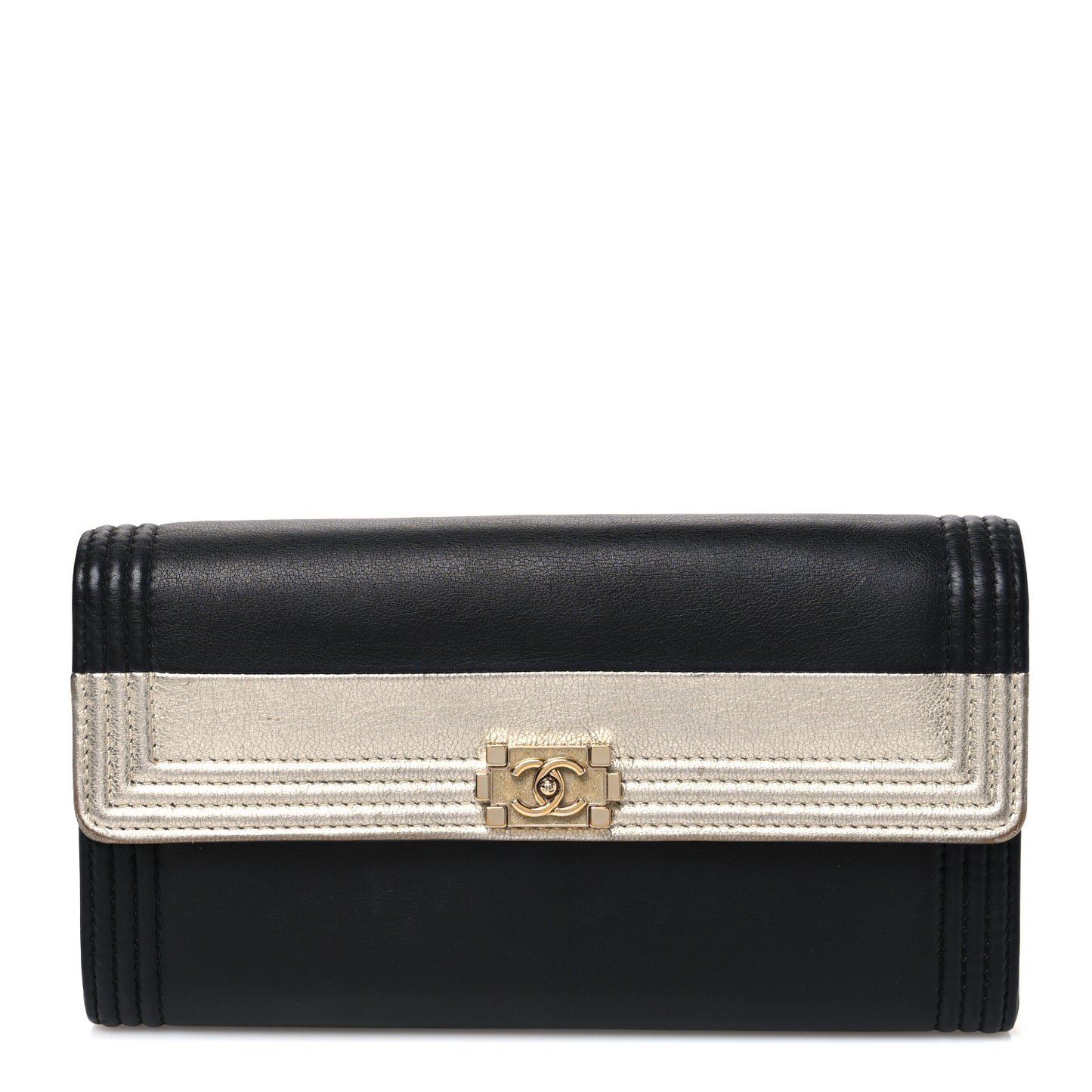 Lambskin Large Boy Gusset Flap Wallet Black Silver