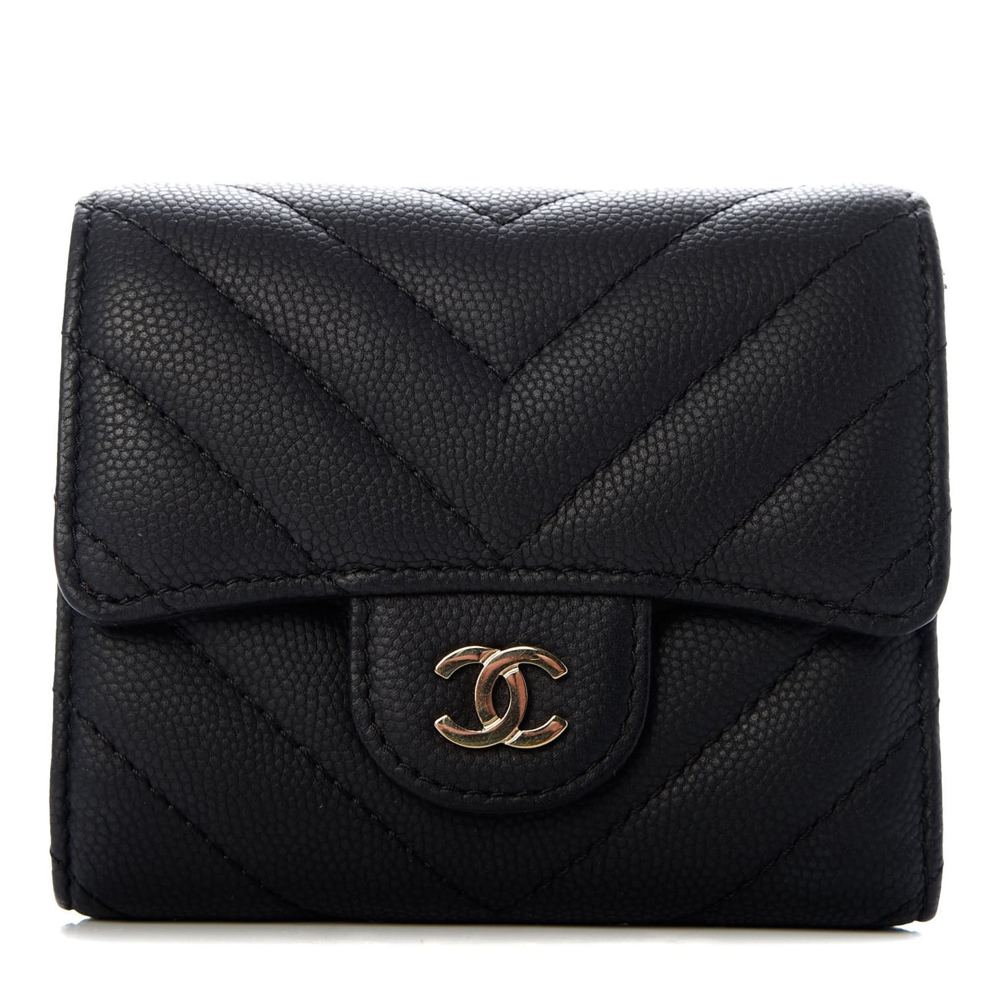 Caviar Chevron Quilted Compact Flap Wallet Black