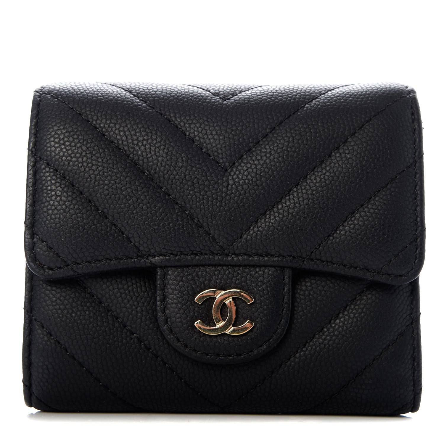 Chanel Caviar Chevron Quilted Compact Flap Wallet Black 1 of 8