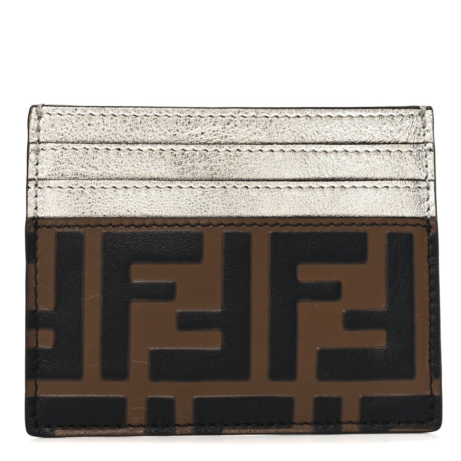 Fendi Vitello Cruise Bi-Color FF 1974 Embossed Card Holder Maya Black Argento 1 of 7