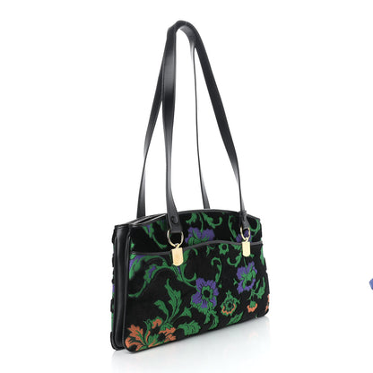 Gucci Velvet Jacquard Floral Embroidered Large Arli Top Handle Bag Black Green Multicolor 3 of 9