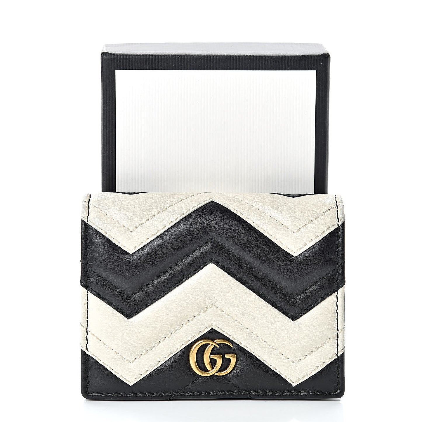 Calfskin Matelasse GG Marmont Card Case Wallet Black White