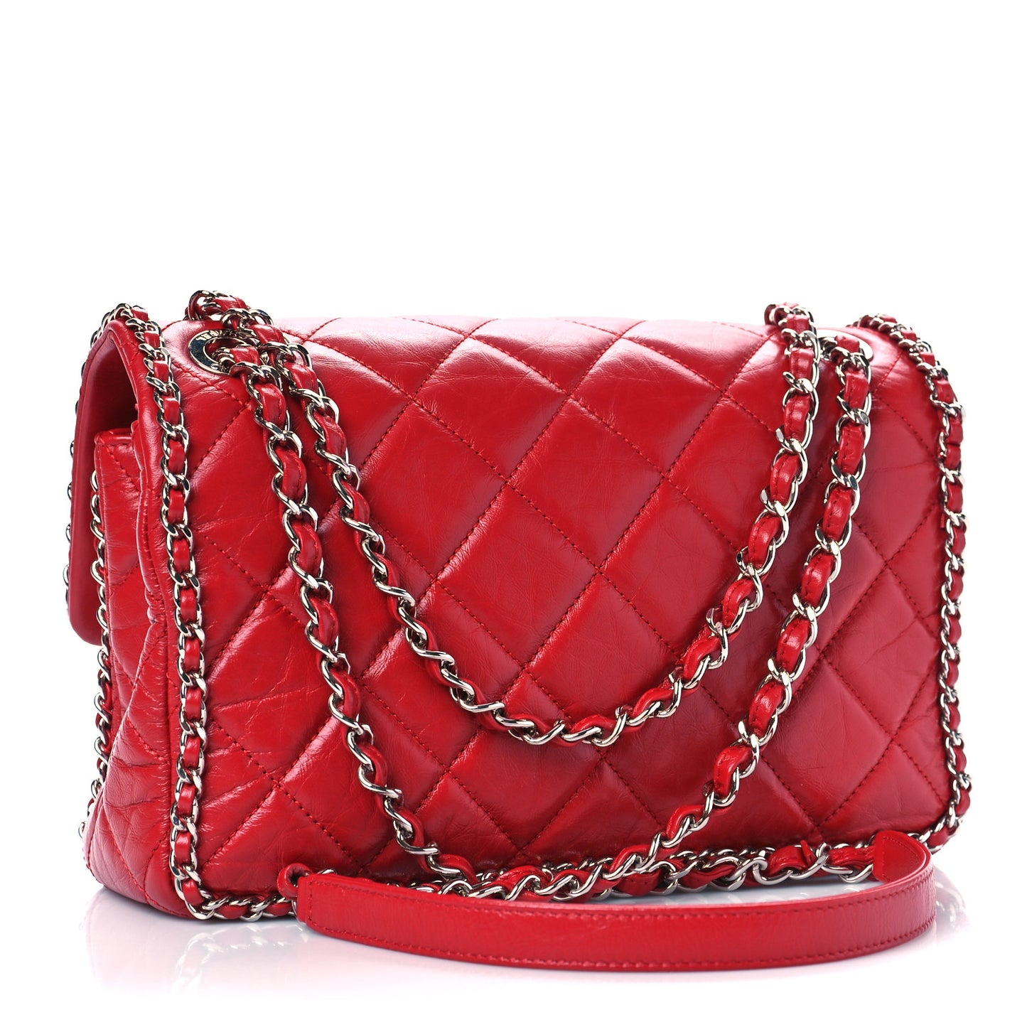Crumpled Calfskin Medium Chain All Over Flap Red
