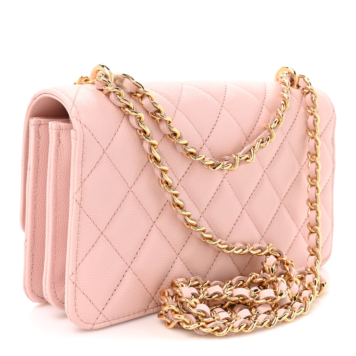 Shiny Caviar Quilted Flap Charm Wallet On Chain WOC Light Pink