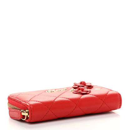 Chanel Lambskin Quilted Camellia Zip Coin Purse Red 3 of 6
