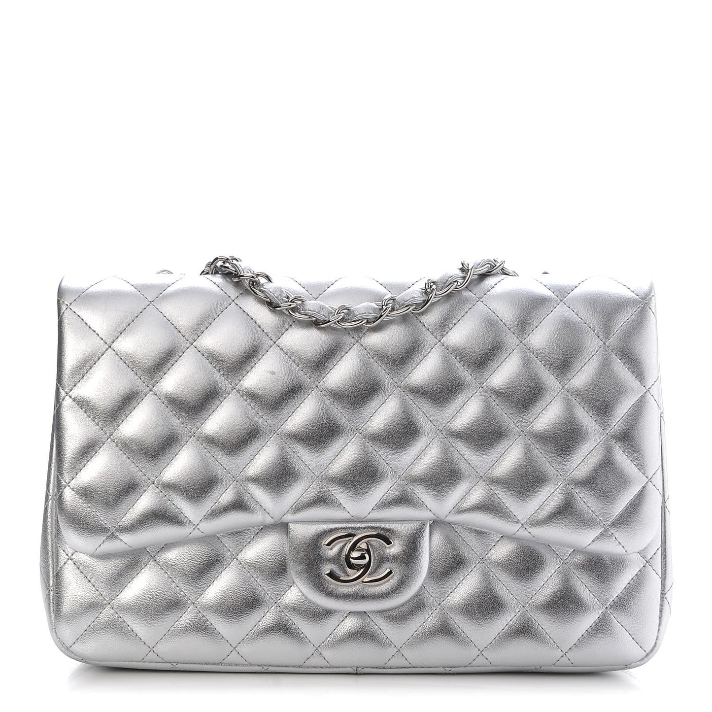 Metallic Lambskin Quilted Jumbo Single Flap Silver